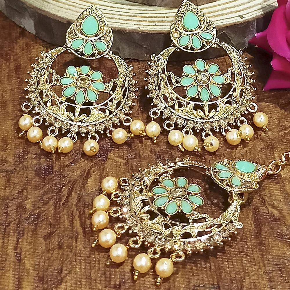 Adi Gold Plated Light Green Kundan And Stone Earrings With Maang Tikka - 1319208A