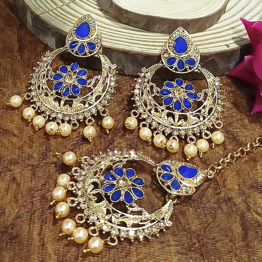 Adi Gold Plated Light Green Kundan And Stone Earrings With Maang Tikka - 1319208A
