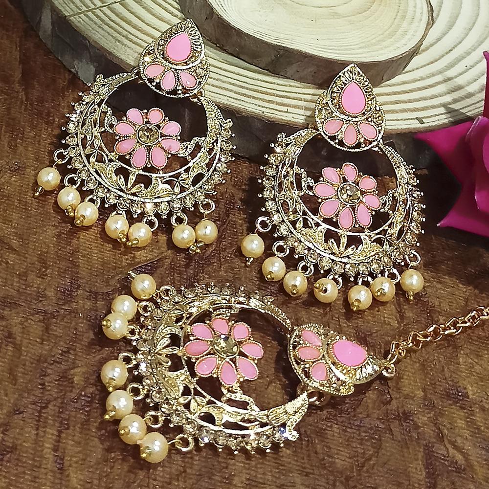 Adi Gold Plated Light Green Kundan And Stone Earrings With Maang Tikka - 1319208A