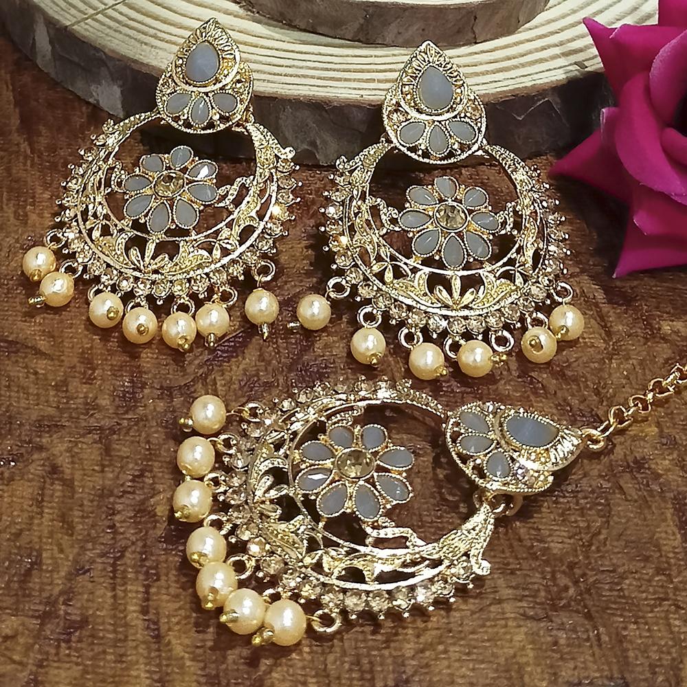 Adi Gold Plated Light Green Kundan And Stone Earrings With Maang Tikka - 1319208A