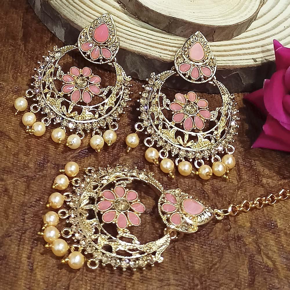 Adi Gold Plated Light Green Kundan And Stone Earrings With Maang Tikka - 1319208A