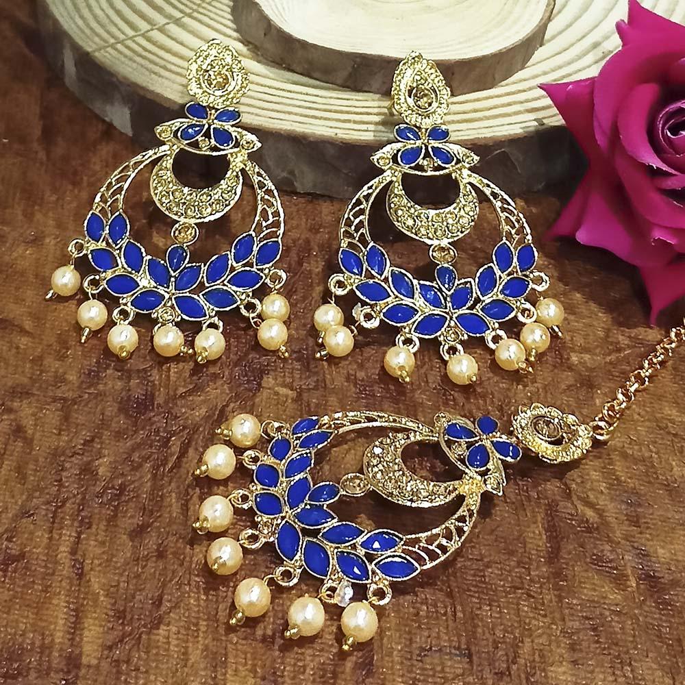 Adi Gold Plated Light Green Kundan And Stone Earrings With Maang Tikka - 1319209A