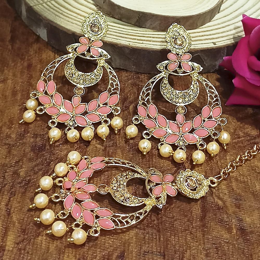 Adi Gold Plated Light Green Kundan And Stone Earrings With Maang Tikka - 1319209A