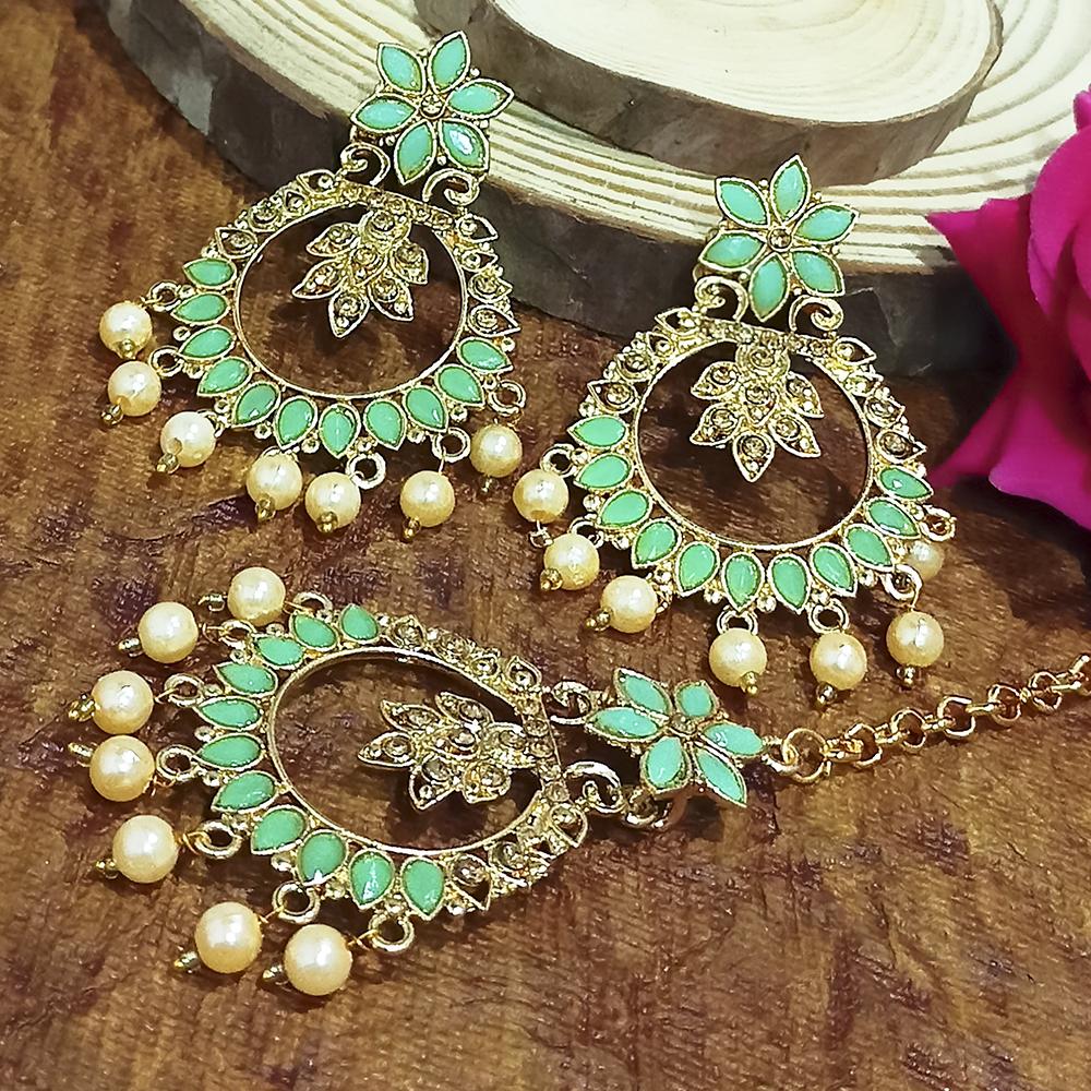 Adi Gold Plated Blue Kundan And Stone Earrings With Maang Tikka - 1319210C