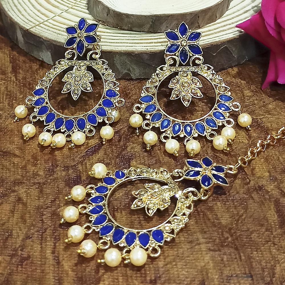 Adi Gold Plated Blue Kundan And Stone Earrings With Maang Tikka - 1319210C