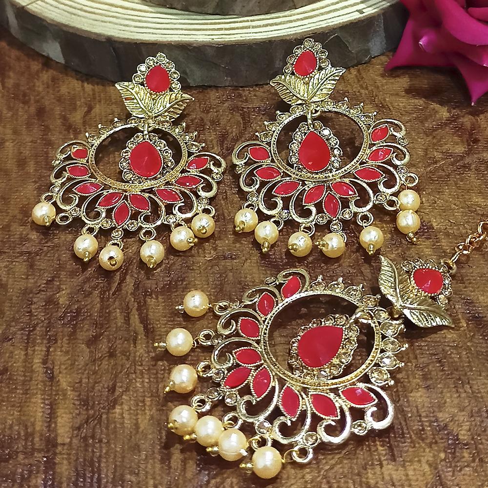 Adi Gold Plated Light Green Kundan And Stone Earrings With Maang Tikka - 1319211A