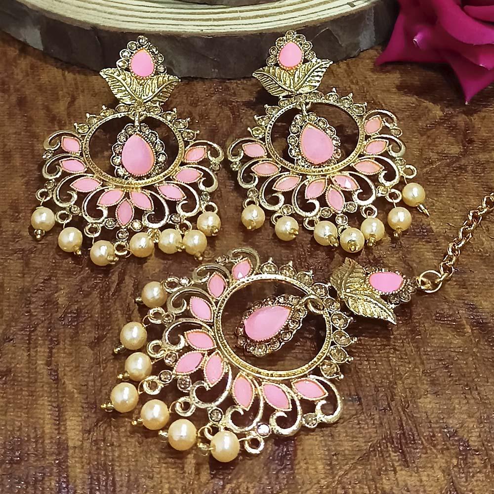 Adi Gold Plated Light Green Kundan And Stone Earrings With Maang Tikka - 1319211A