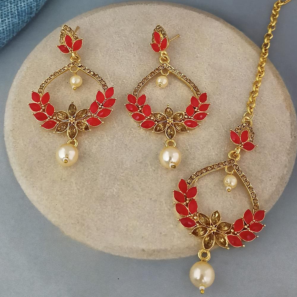 Adi Gold Plated Kundan And Austrian Stone Earrings With Maang Tikka - 1319255