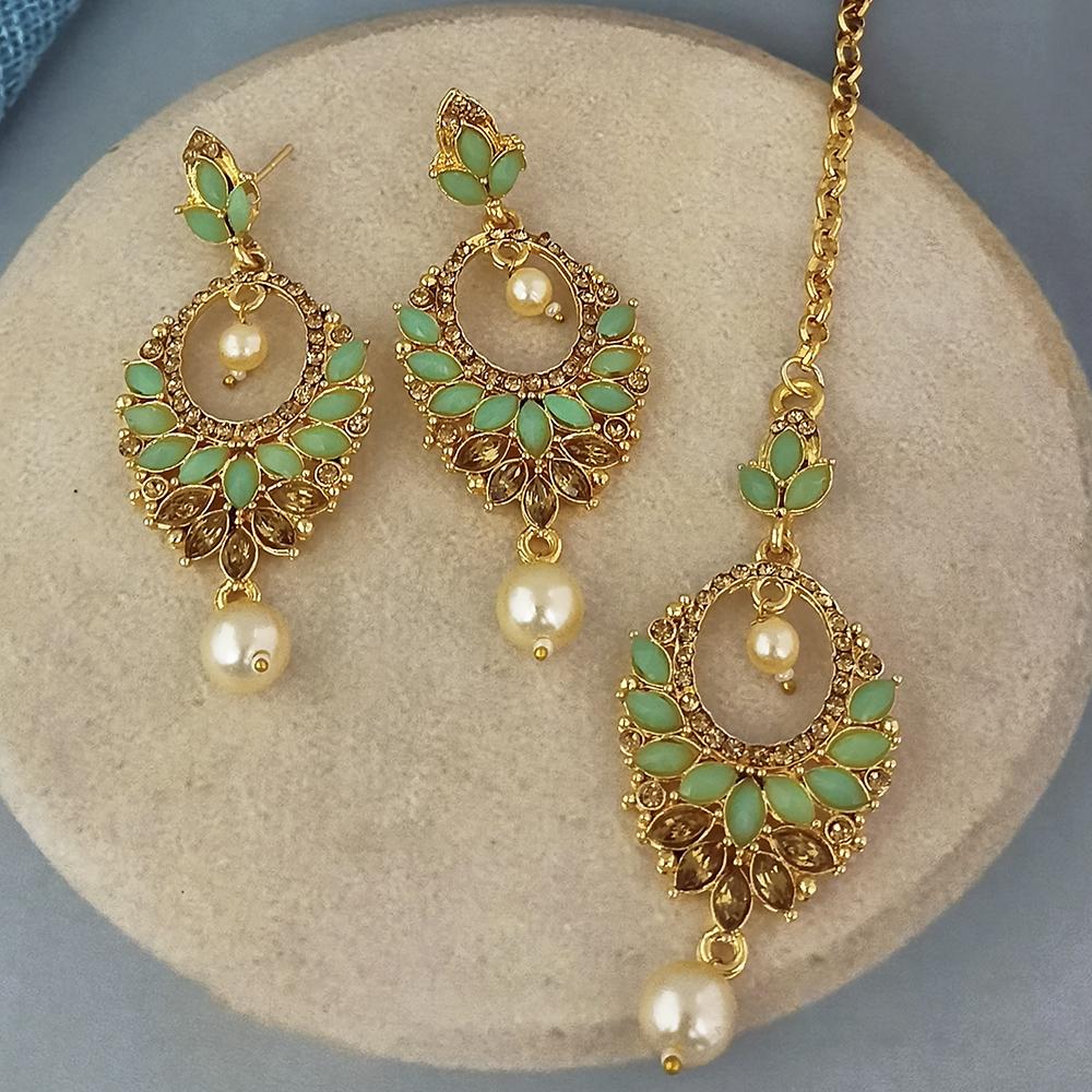 Adi Gold Plated Kundan And Austrian Stone Earrings With Maang Tikka - 1319257