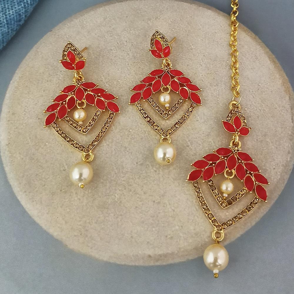 Adi Gold Plated Kundan And Austrian Stone Earrings With Maang Tikka - 1319260