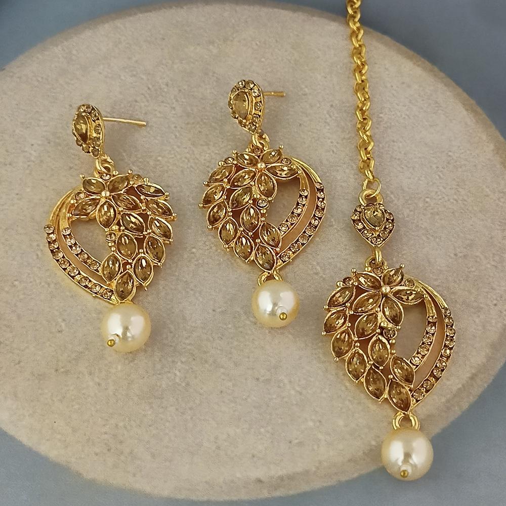 Adi Gold Plated Kundan And Austrian Stone Earrings With Maang Tikka - 1319261