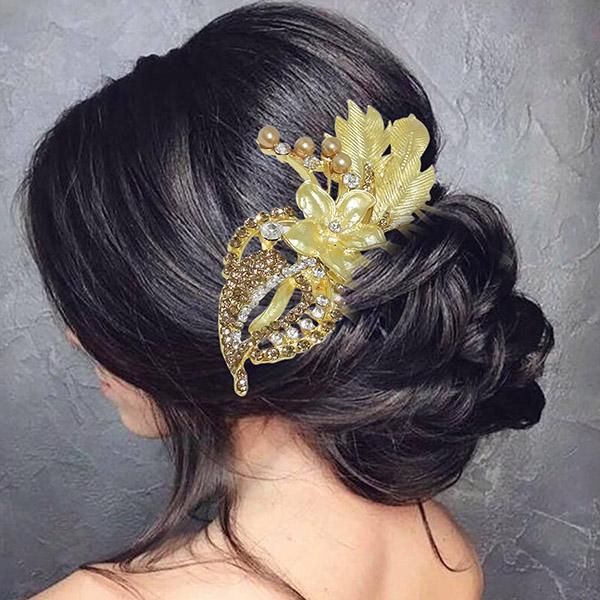 Apurva Pearls Stone Gold Plated Hair Brooch - 1502029B