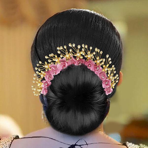 Apurva Pearls Austrian Stone Pink Floral Hair Brooch - 1505420