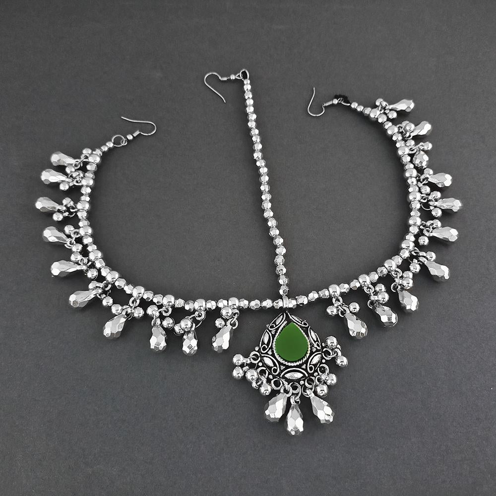 Jeweljunk Green Oxidised Silver Plated Maang Tikka - 1505636A