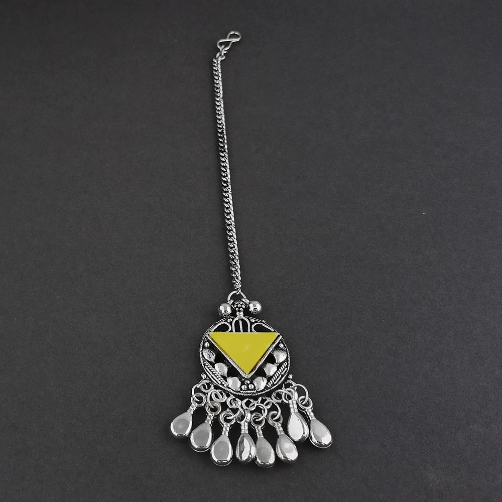 Jeweljunk Dark Blue Oxidised Silver Plated Maang Tikka - 1505652F