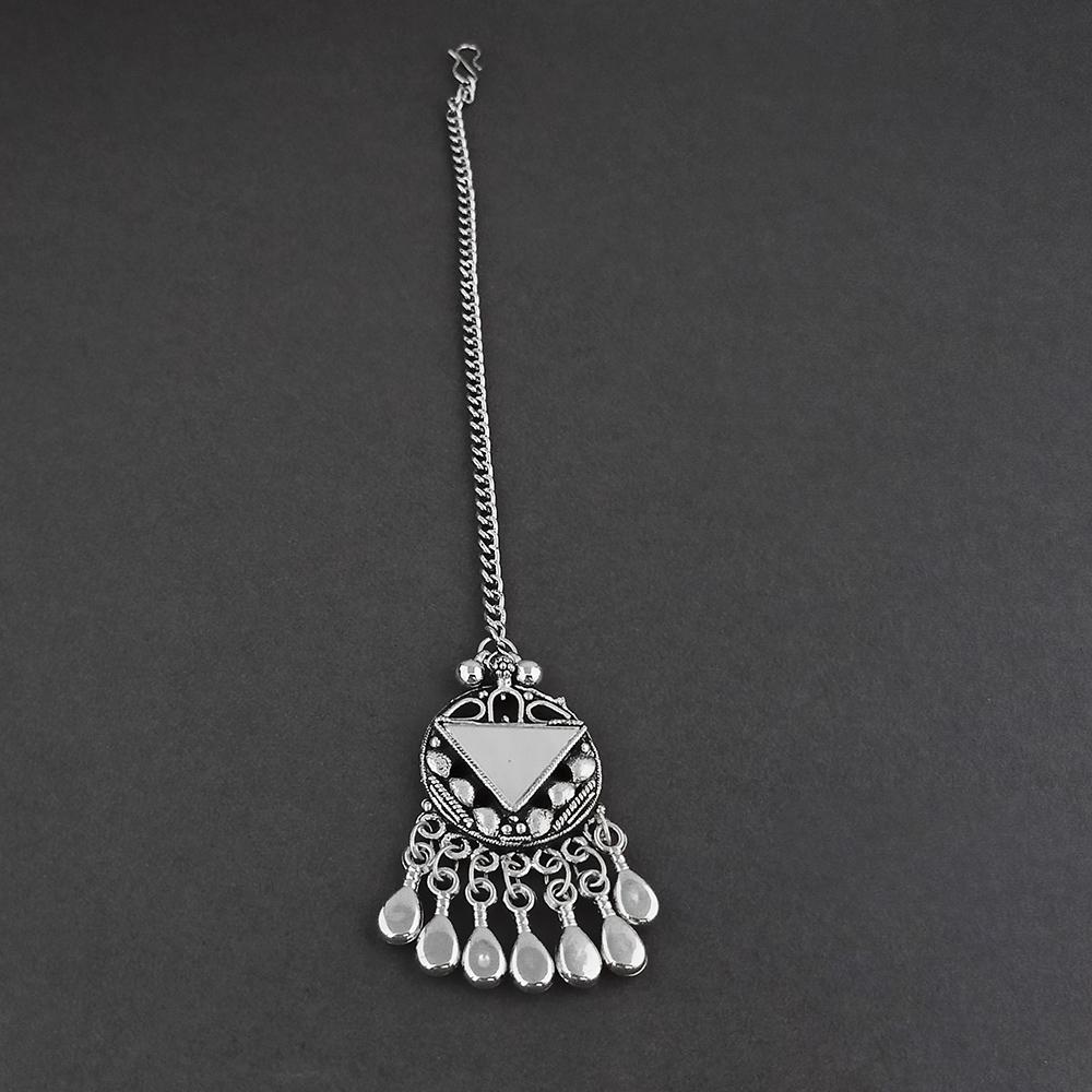 Jeweljunk Dark Blue Oxidised Silver Plated Maang Tikka - 1505652F