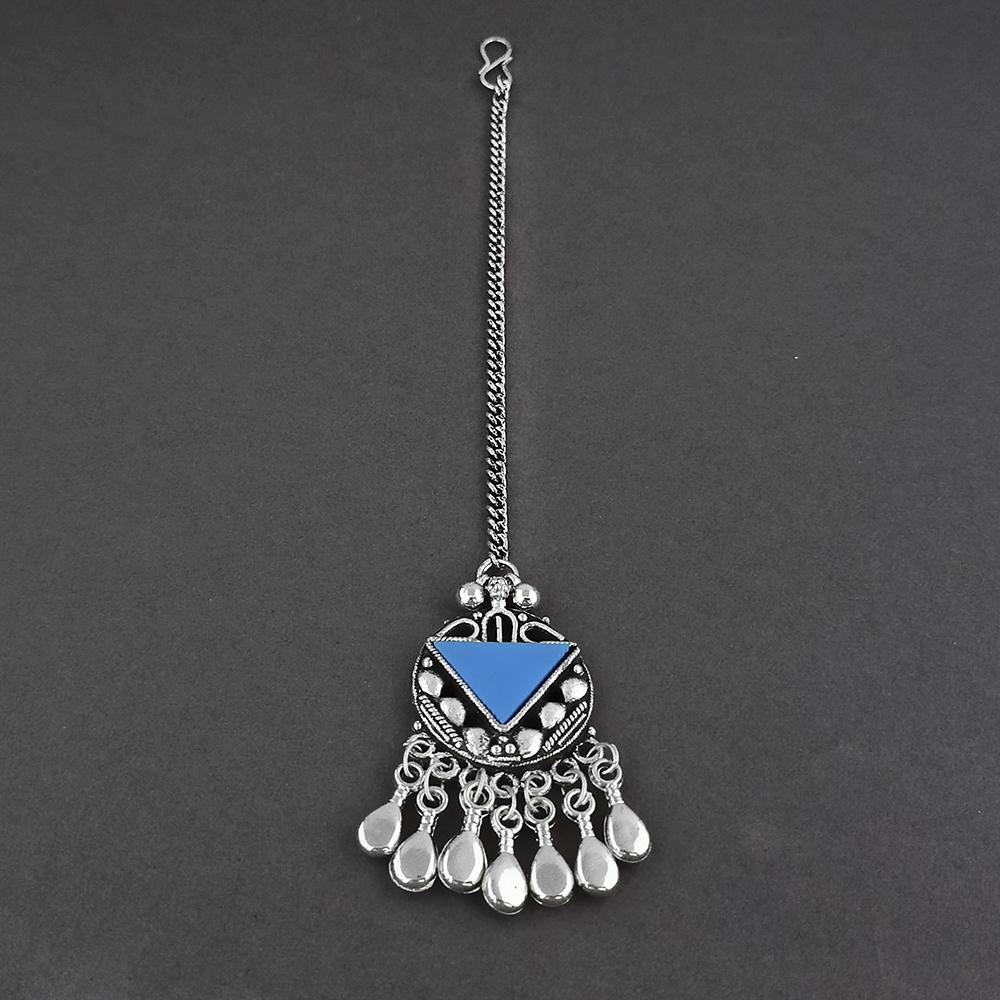 Jeweljunk Dark Blue Oxidised Silver Plated Maang Tikka - 1505652F