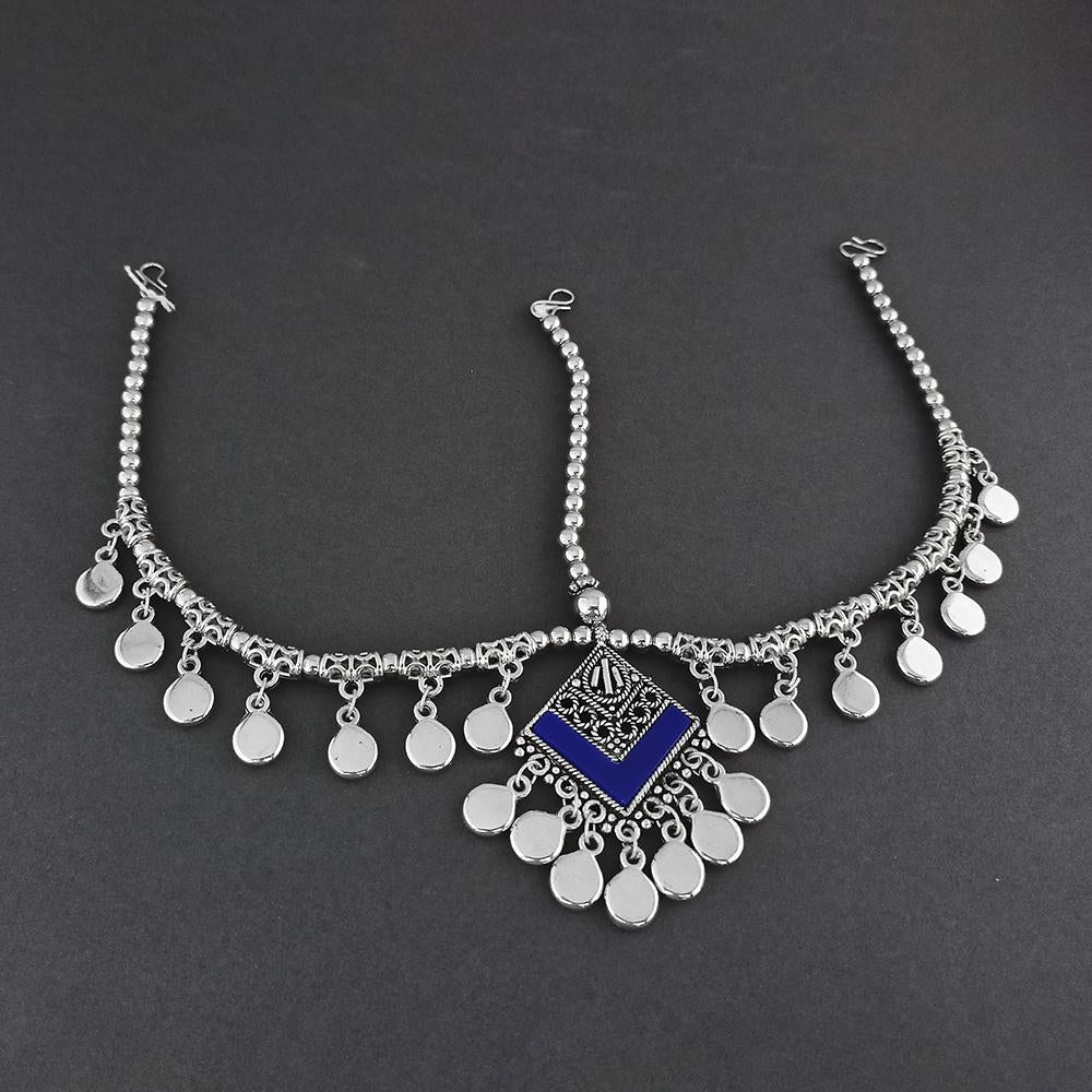 Jeweljunk Blue Oxidised Silver Plated Maang Tikka - 1505666B