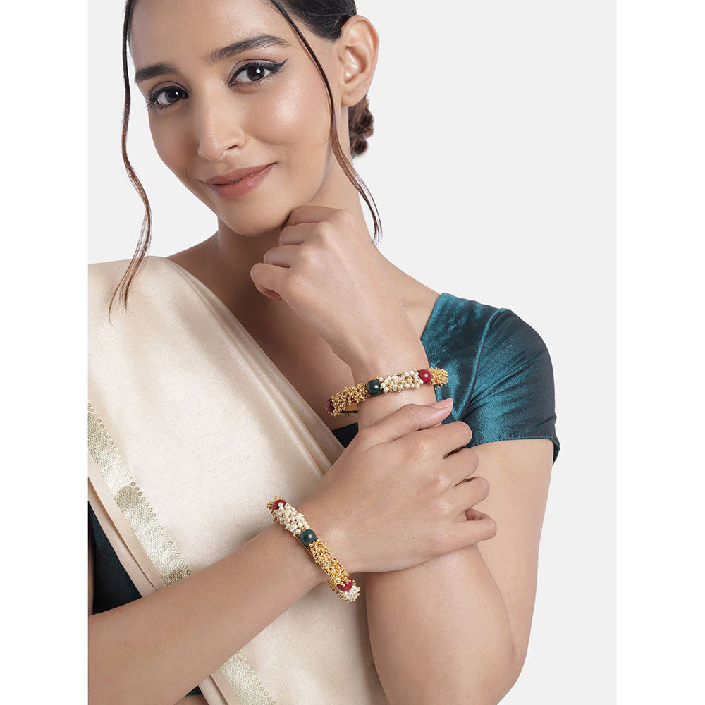 Etnico Gold Plated Traditional Pearl Beaded Bangle Set For Women (ADB319FL-a) (Pack of 2)