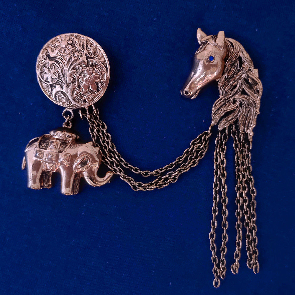 Mahi Antique Rosegold Plated Baby Elaphant and Horse Face Shaped Floral Brooch Pin with Chain for Men (BP1101093Z)