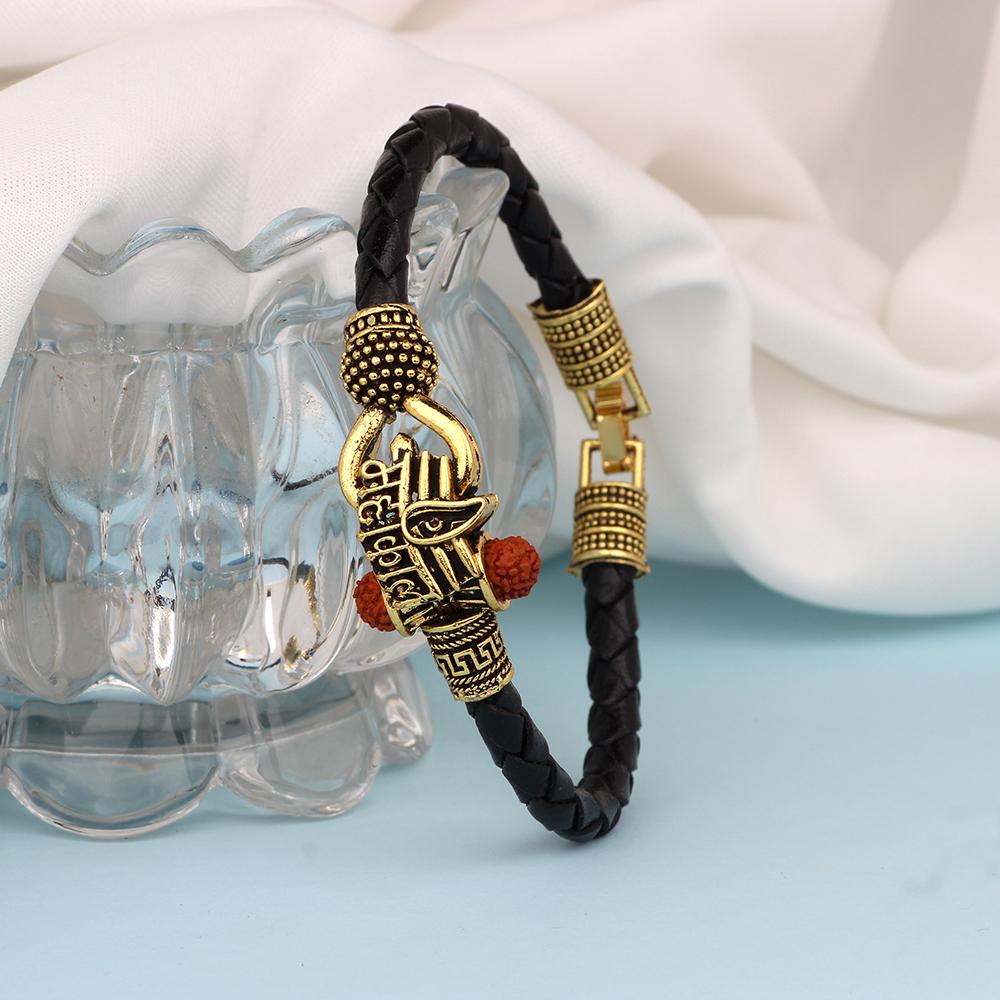 Mahi Rudraksh Lord Shiv Trishul Mahakal Damru Designer Leather Kadas Bracelet Cuff for Men (BR1100426G)