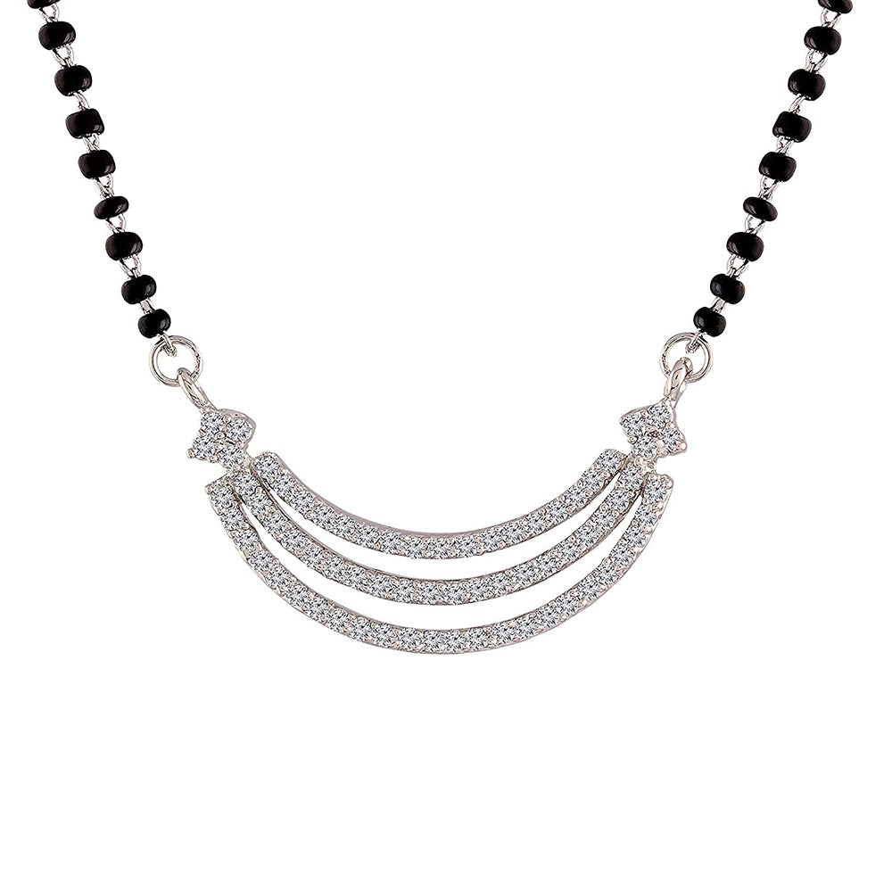 Etnico 18k Rhodium Plated Traditional Single Line American Diamond Pendant with Black Bead Chain Mangalsutra for Women (D078)