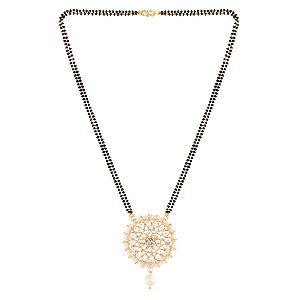 Etnico 18k Gold Plated Traditional Pearl Kundan Studded Pendant with Black Bead Chain Mangalsutra for Women (D085W)