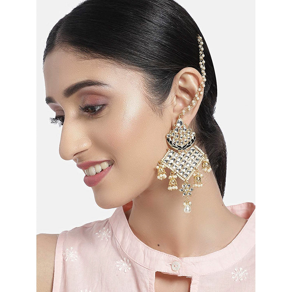 Etnico 18K Gold Plated Intricately Designed Traditional Earrings with Hair Chain Encased With Kundans & Pearls (E2463B)