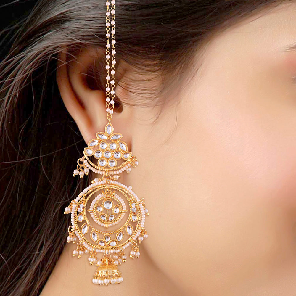 Etnico 18K Gold Plated Intricately Designed Traditional Earrings with Hair Chain Encased With Kundans & Pearls (E2466W)