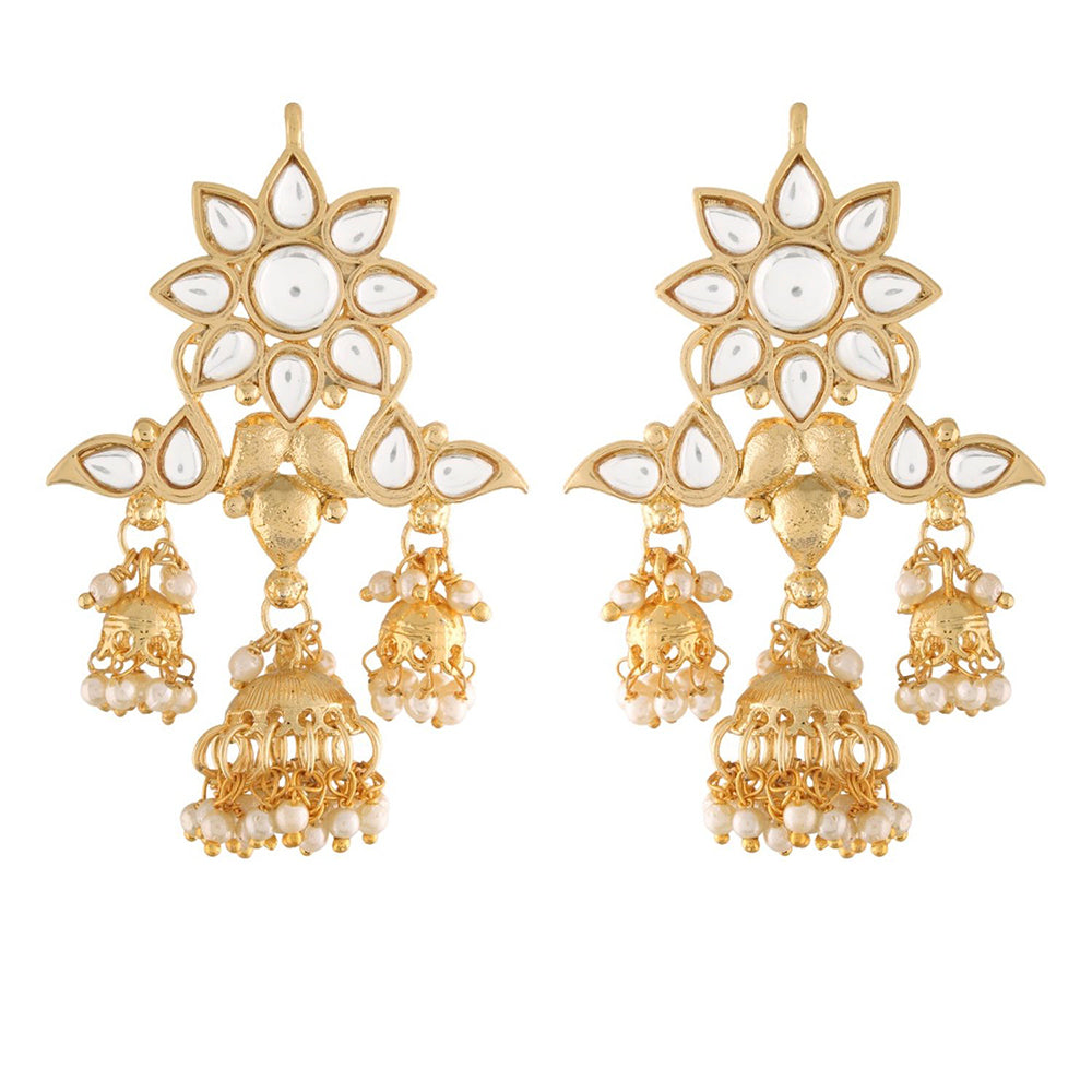 Etnico 18K Gold Plated Traditional Handcrafted Jhumka Earrings Encased with Faux Kundan & Pearl for Women/Girls (E2786W)
