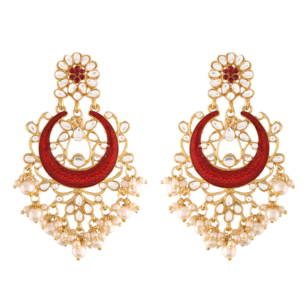Etnico 18K Gold Plated Traditional Handcrafted Maroon Meena Work Earring Glided With Kundan & Pearls (E2794M)