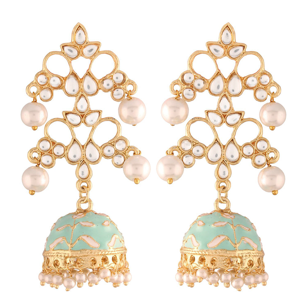 Etnico 18k Gold Plated Pearl Meenakari Jhumki Earrings for Women (E2852SB)