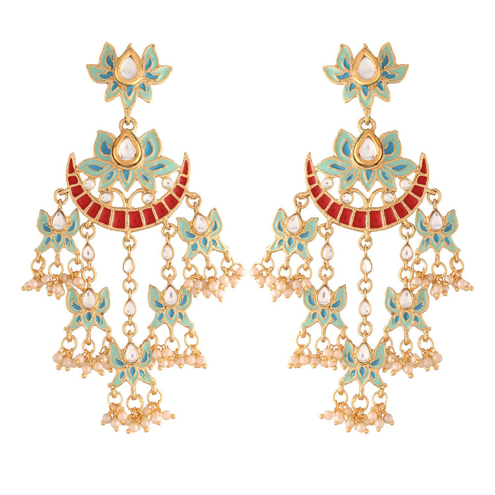 Etnico 18k Gold Plated Pearl Meenakari Lotus Design Dangler Earrings for Women (E2853SB)