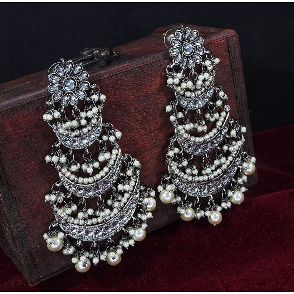 Etnico 18k Silver Oxidised 3 Layered Chandbali Earrings with Kundan and Pearl Work for Women (E2859OX)