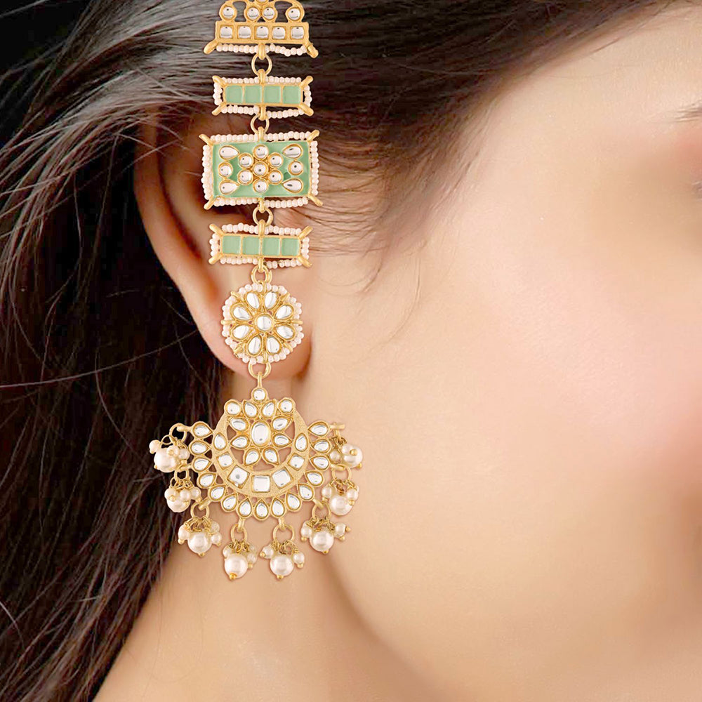 Etnico White 18K Gold Plated Zinc Alloy Matte Finish Kundan and Pearl Work Chandbali Earrings for Women (E2861Min)