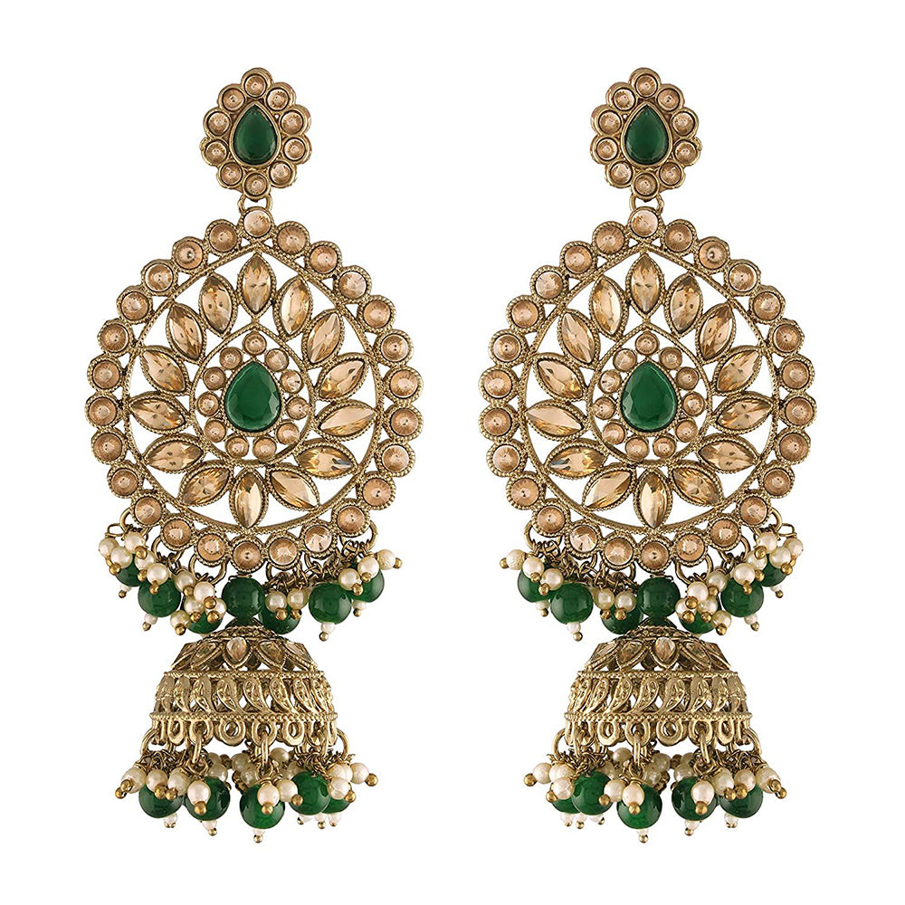 EtnicoWomen's Traditional Gold Plated with Stunning Antique Finish Kundan and Pearl Jhumka Earrings; Green (E2863G)