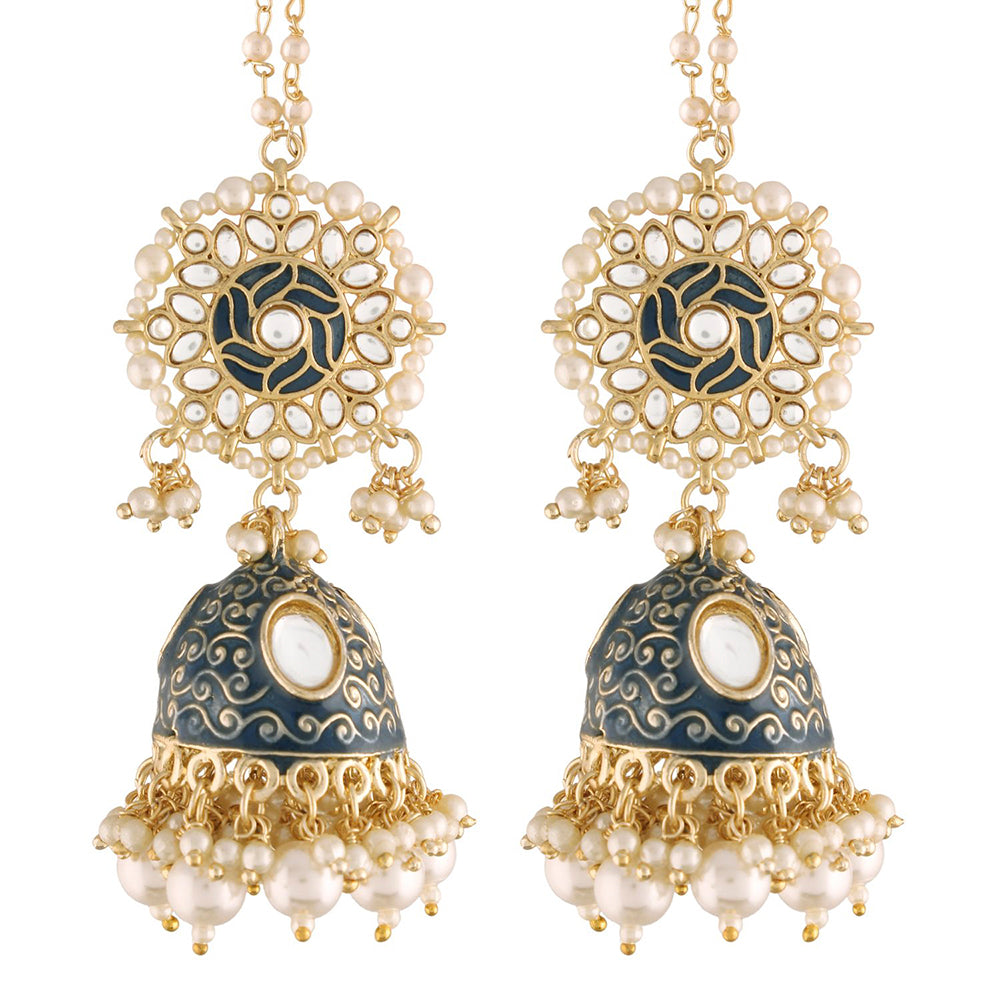 Etnico18K Gold Plated Intricately Designed Traditional with Detachable Hair Chain Encased With Kundans & Pearls Jhumki Earrings For Women (E2906Bl)