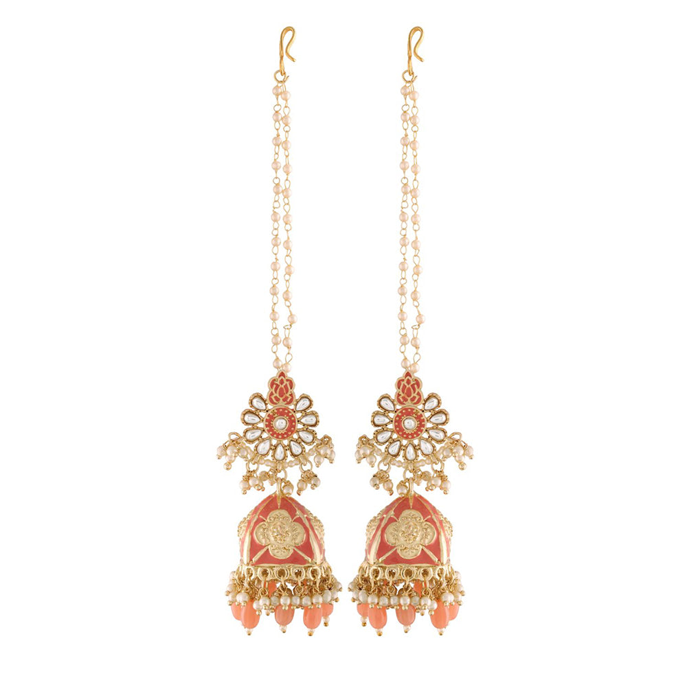 Etnico18K Gold Plated Intricately Designed Traditional with Detachable Hair Chain Encased With Kundans & Pearls Jumka Earrings For Women (E2907Pi)