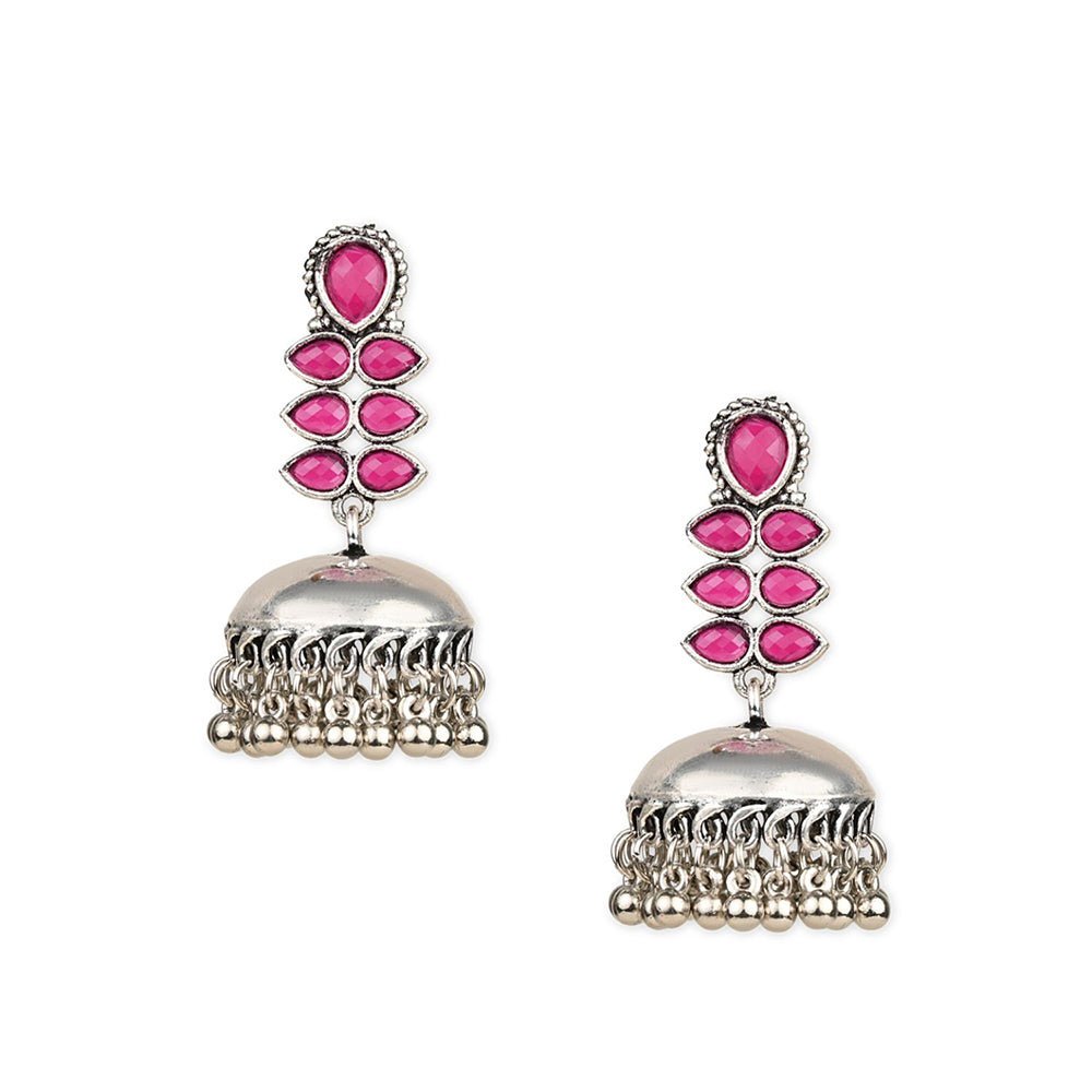 Etnico Silver Oxidised Traditional Kundan & Stone Studded Jhumka Earrings For Women (E2980ZQ)
