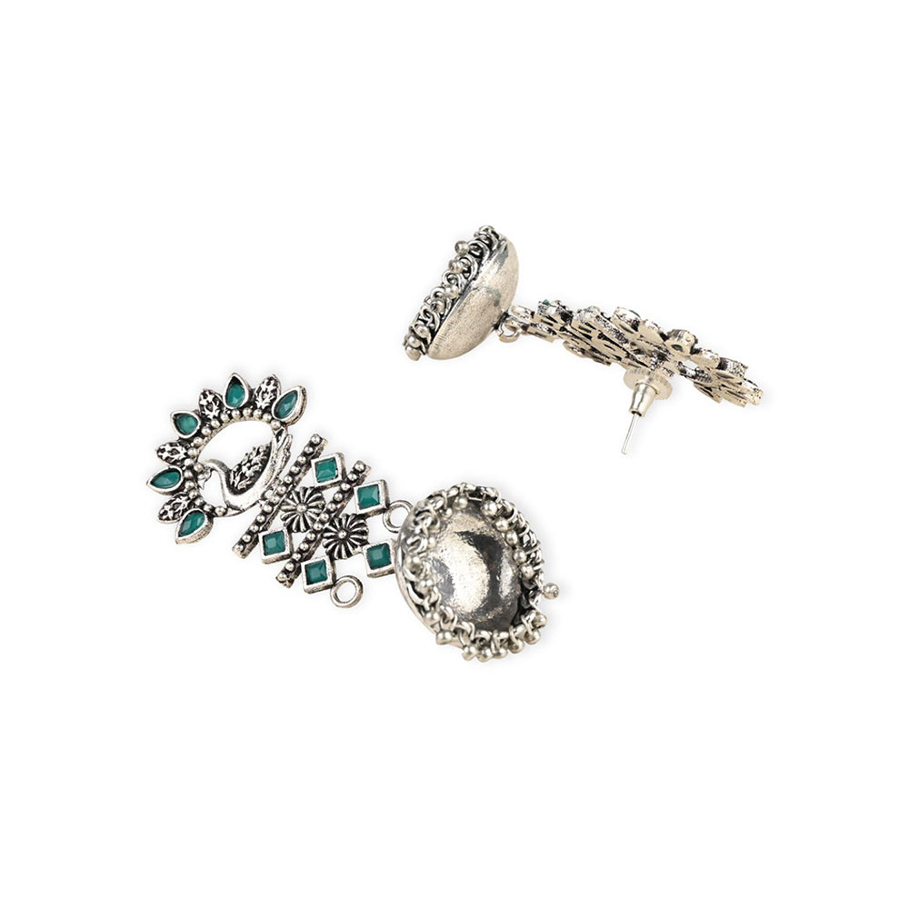 Etnico Silver Oxidised Traditional Kundan & Stone Studded Jhumka Earrings For Women (E2981ZG)