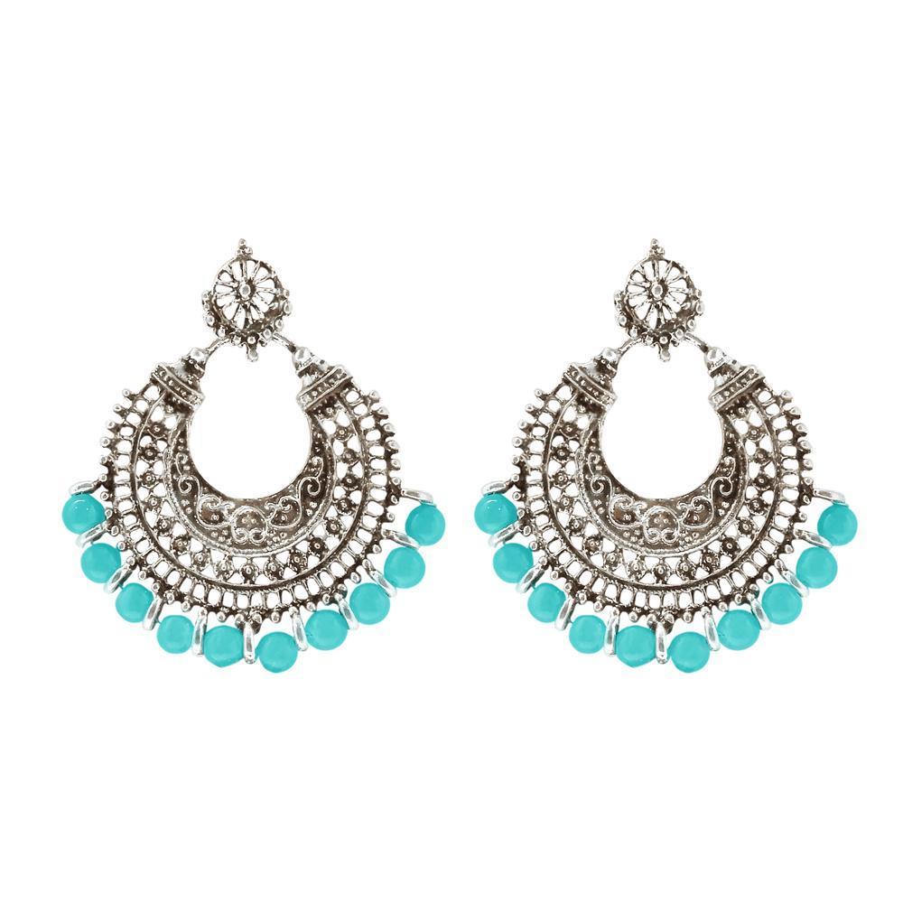 Tip Top Fashions Silver Plated Blue Beads Afghani Earrings - 1311022V