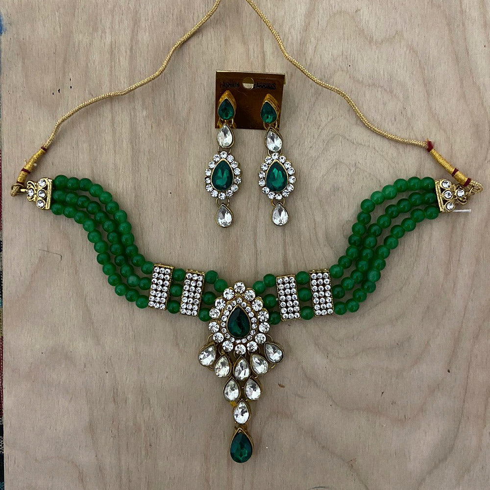 India Art Gold Plated Crystal Stone & Beads Necklace Set