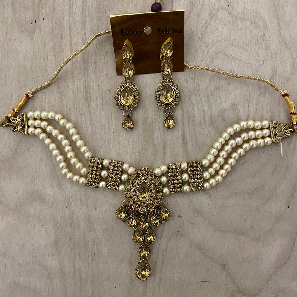 India Art Gold Plated Crystal Stone & Beads Necklace Set