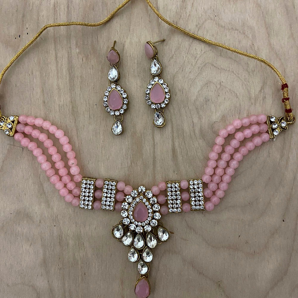 India Art Gold Plated Crystal Stone & Beads Necklace Set