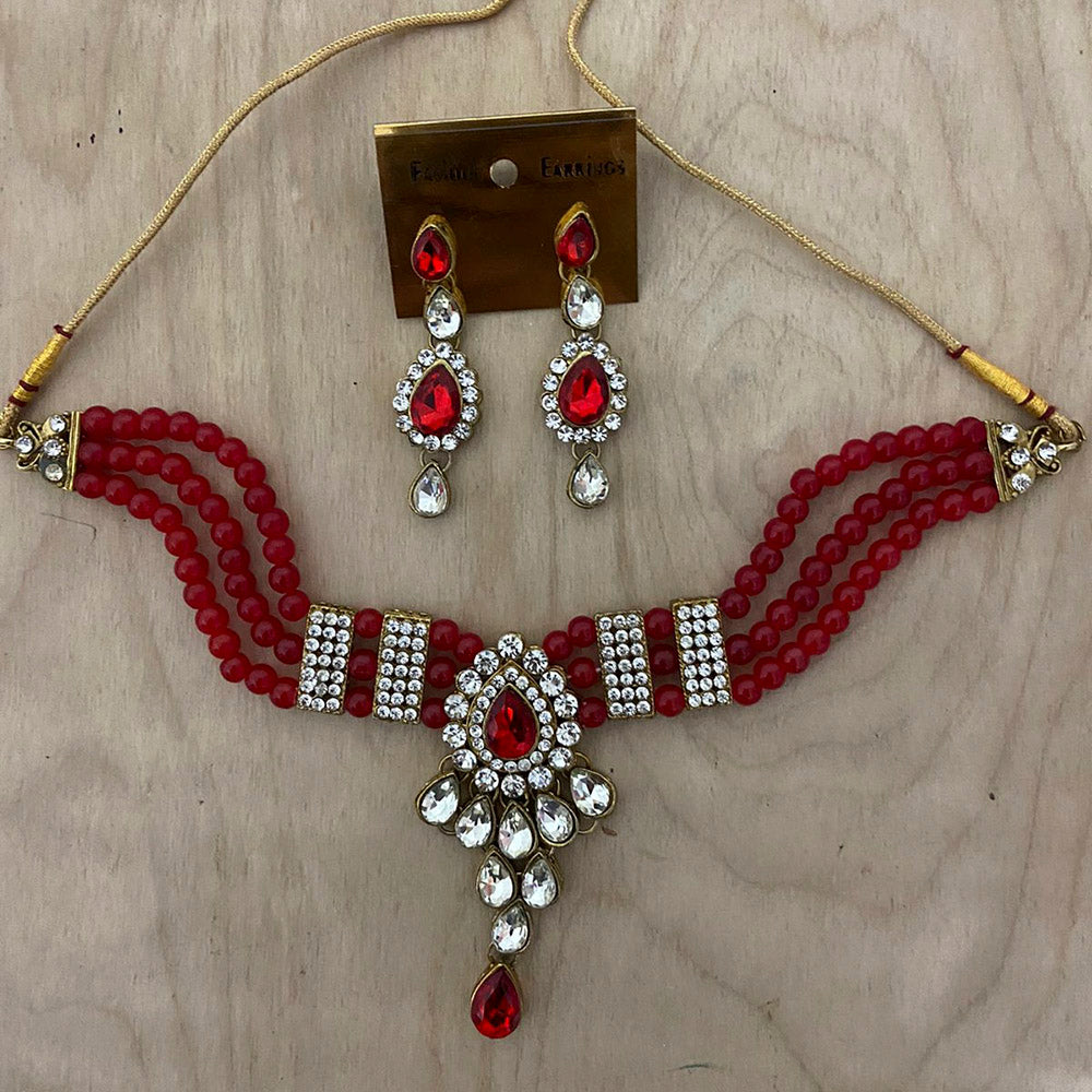 India Art Gold Plated Crystal Stone & Beads Necklace Set