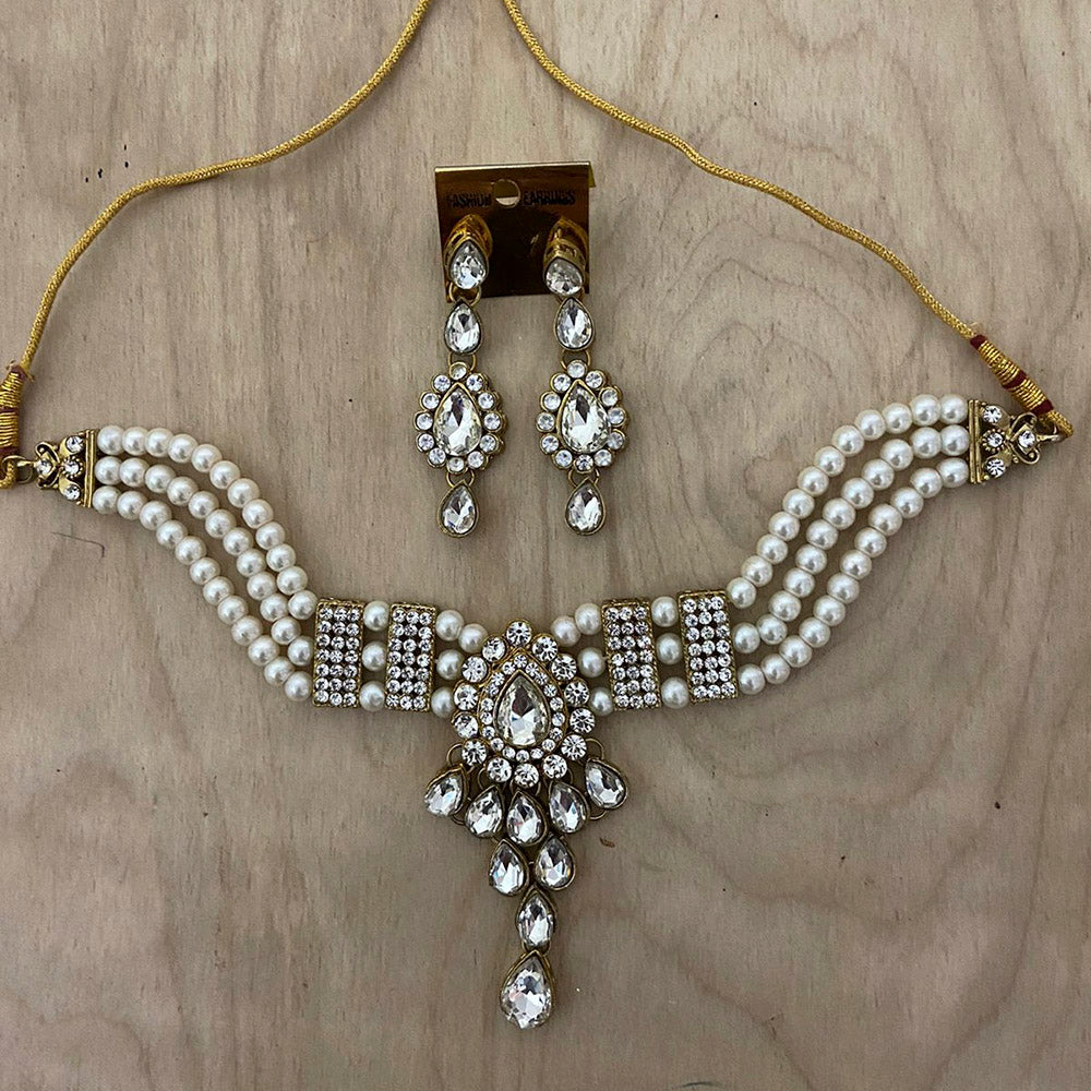 India Art Gold Plated Crystal Stone & Beads Necklace Set