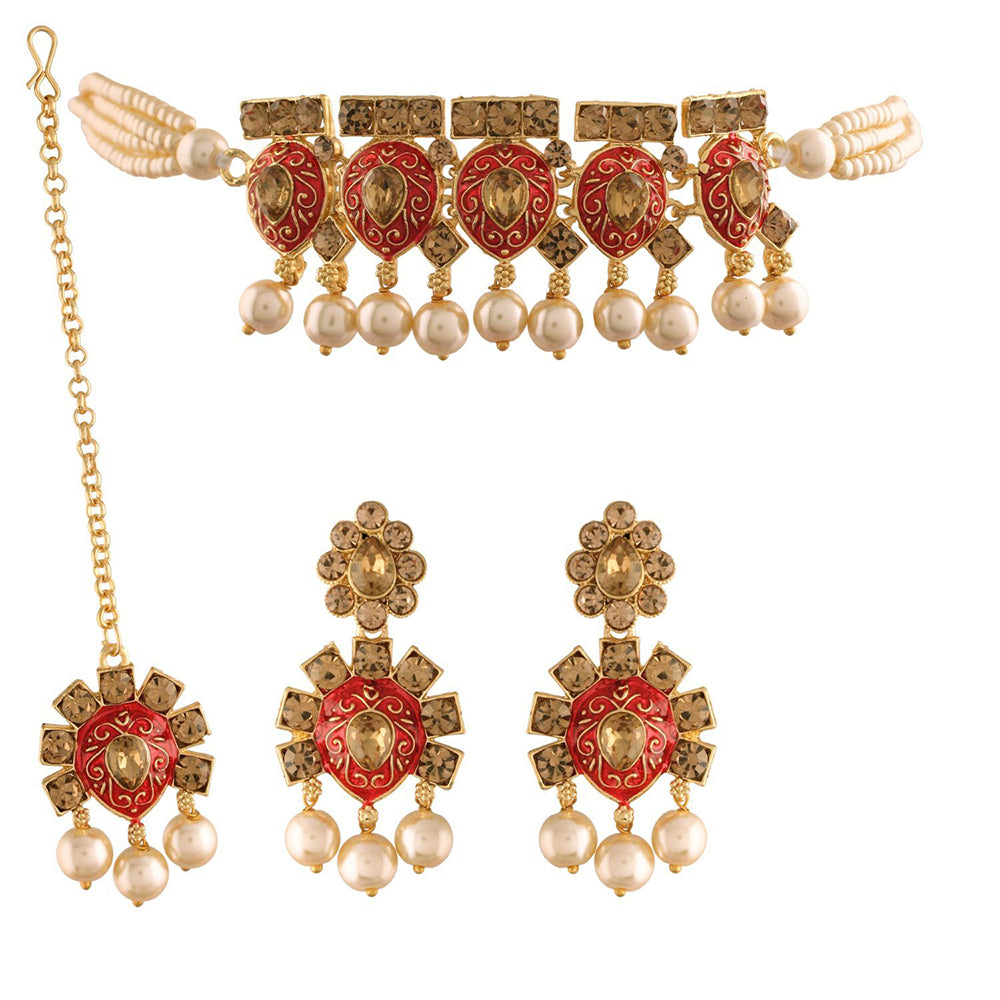 Etnico 18k Gold Plated Red Meenakari Choker Set Glided With Pearls For Women/Girls (IJ346R)