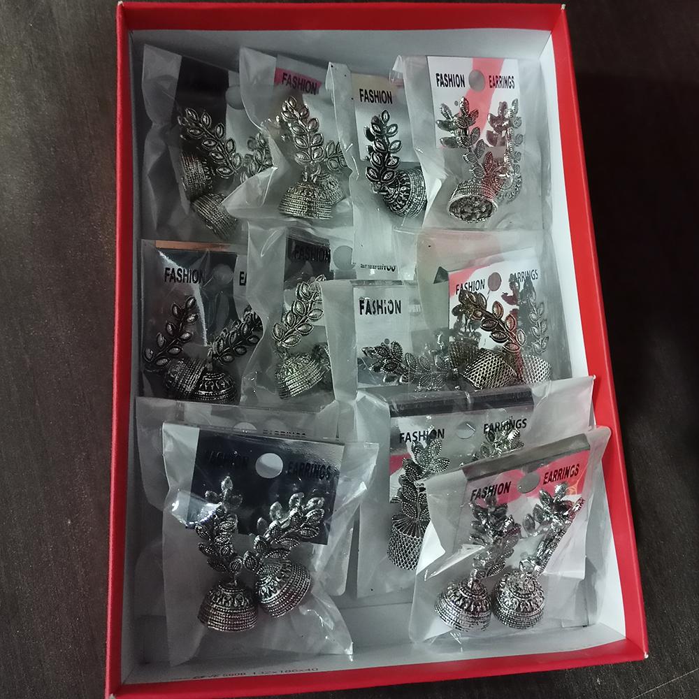 Woma Silver Oxidised Plated Pack Of 12 Trendy Jhumki Earrings - 1318101A