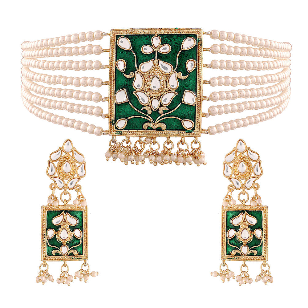 Etnico 18K Gold Plated Traditional Pearl & Kundan Meenakari Multistrand Necklace Jewellery Set With Earrings For Women (K118G)