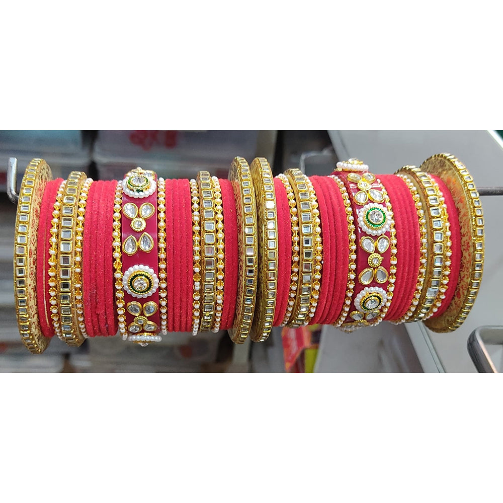 Lucentarts Jewellery Thread And Acrylic Kundan Stone Gold Plated Bangles Set